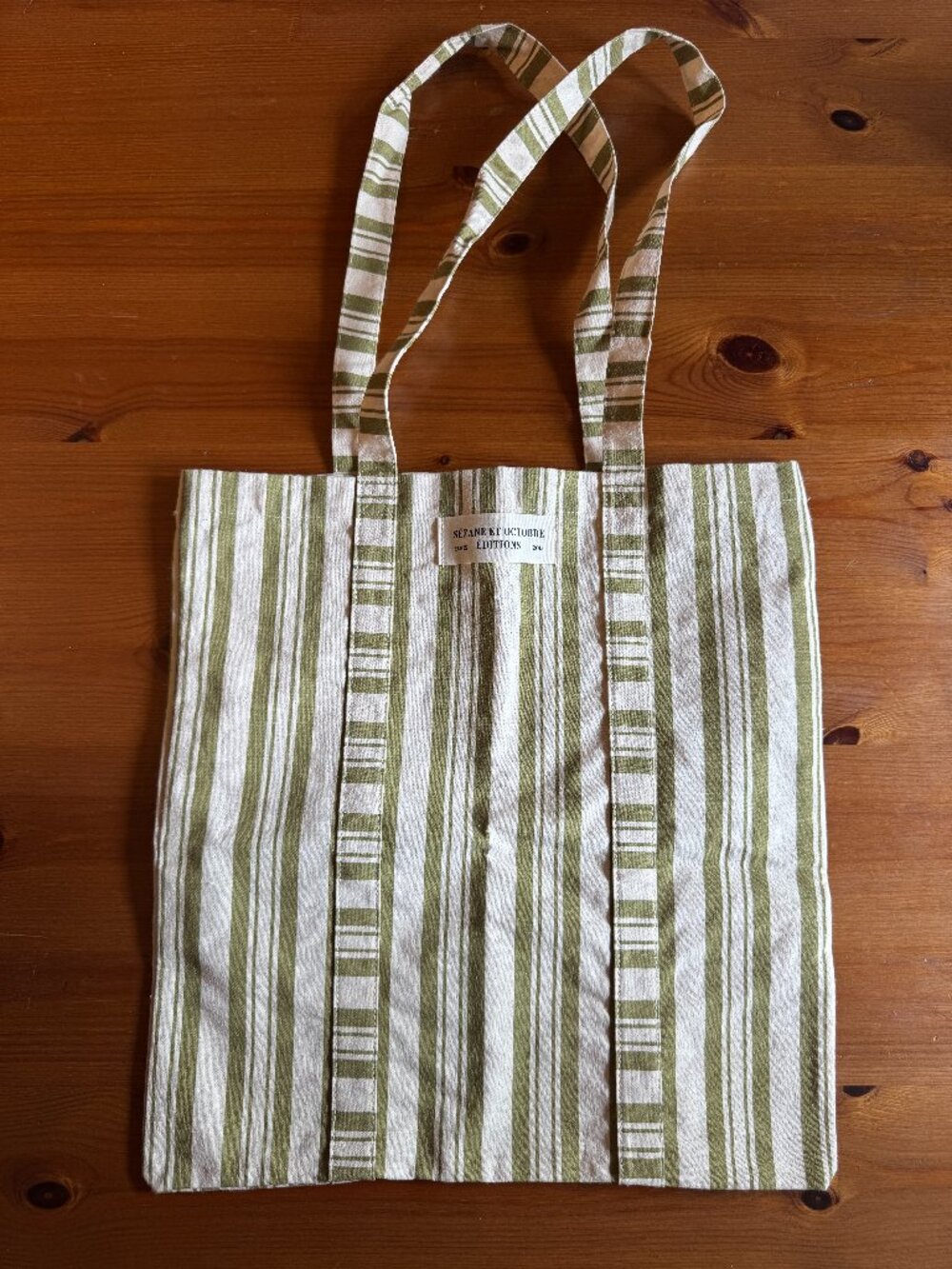 NWOT Sezane Olive Green & Ivory Canvas Tote Bag Double Straps 14.5" W X 15.5" H
